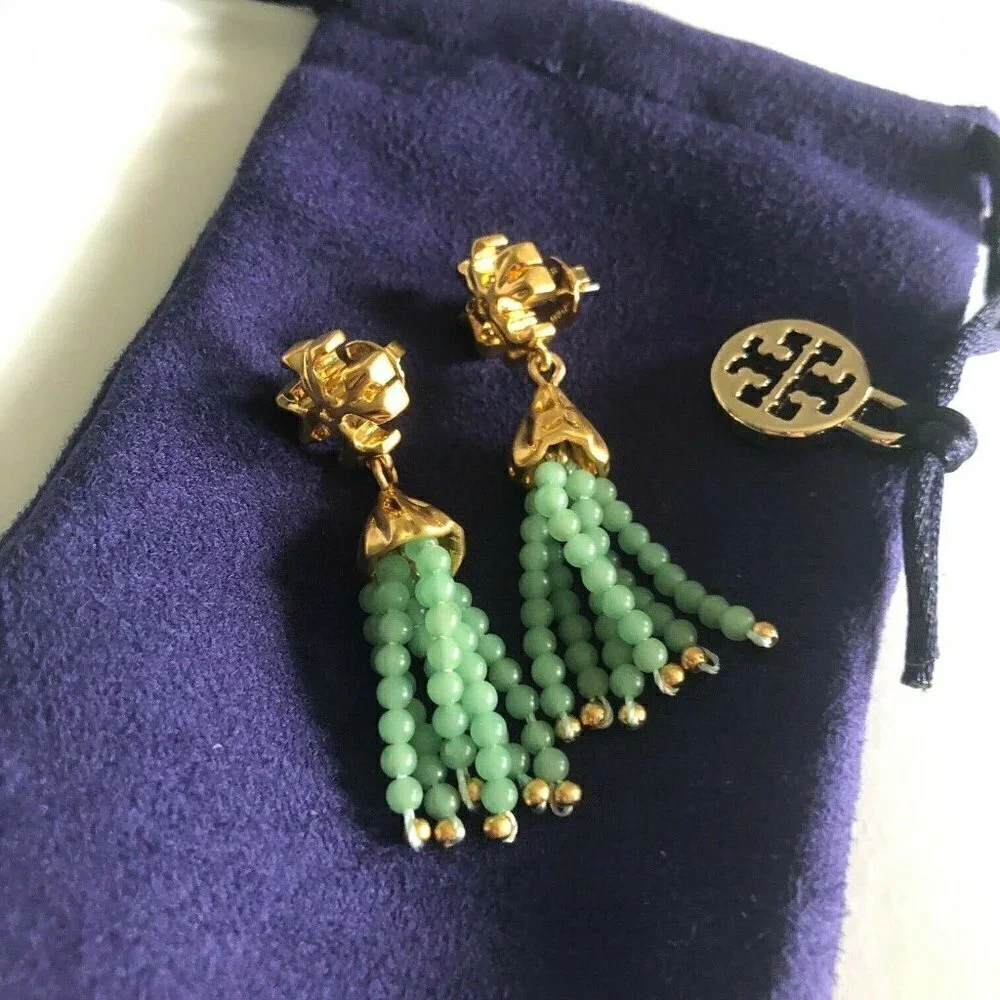 Tory Burch Roxanne Tassel Drop Earrings Mint Green Beaded Gold Tone Statement